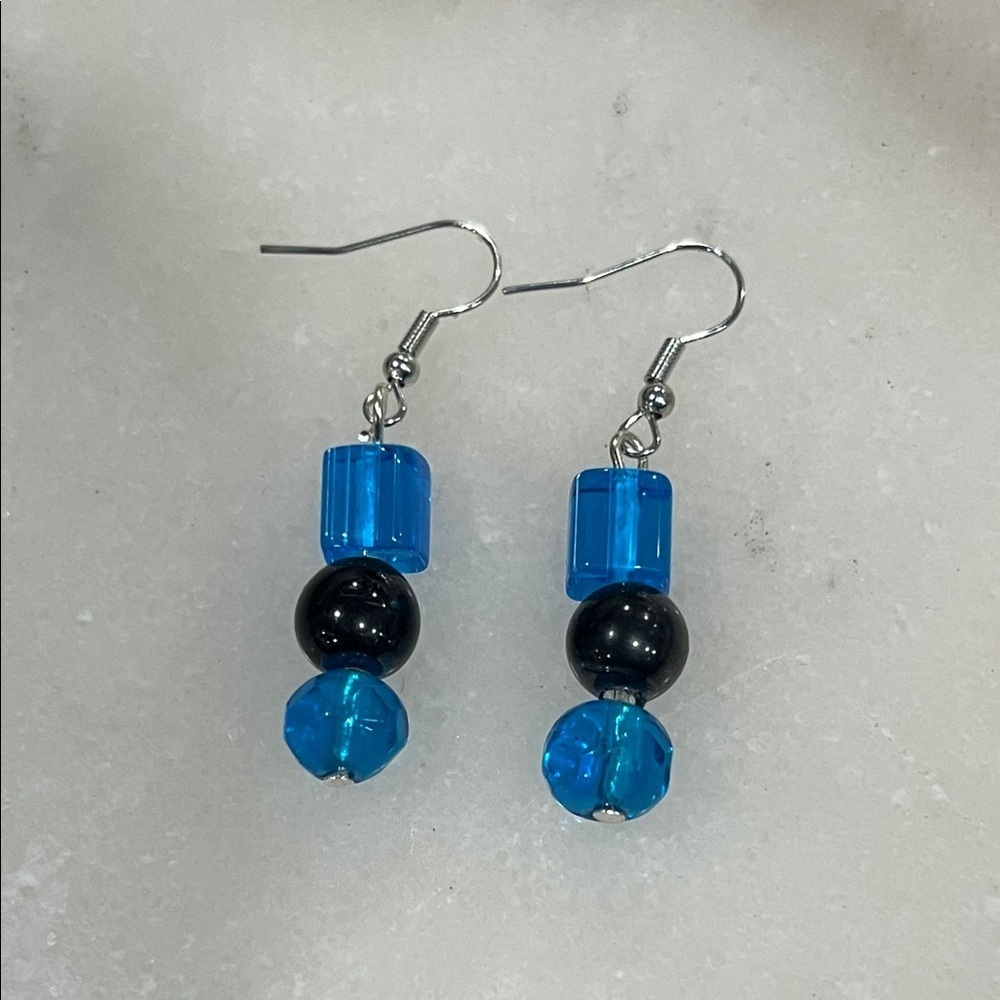 Artisan Blue and Black Glass Beaded Earrings